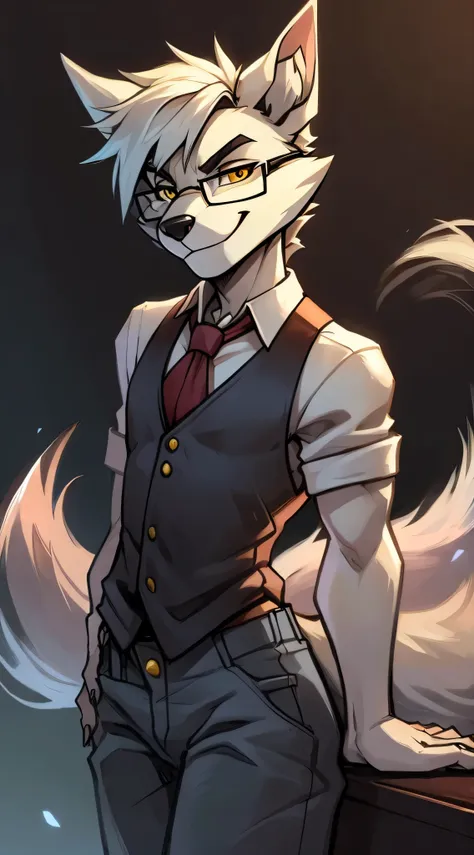 Male, arctic wolf, detailed yellow eyes, long tail, bartender, loose baggy jeans, slim, sly, simple background, glasses, smirk