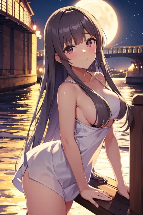 front view,masterpiece, high quality,1girl,long hair,Areola_slip, bandaid,medium breasts,on bridge,over a river,leaning forward,at night