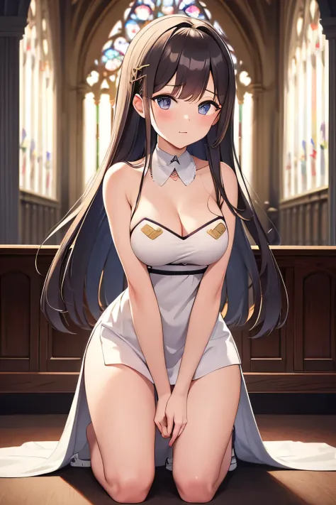 front view,masterpiece, high quality,1girl,long hair,areola_slip, bandaid,medium breasts,church,cathedral,kneeling,in the evenin...