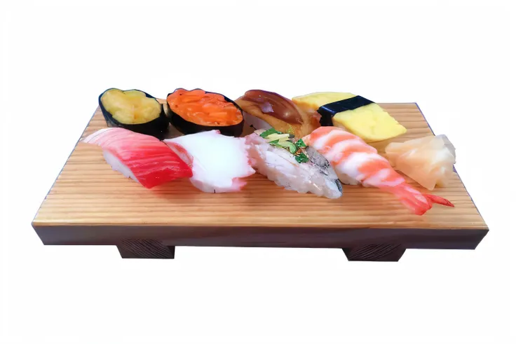 there is a wooden tray with sushi and other sushi on it, on a wooden tray, sushi, dress clothing, on a wooden plate, by maki hak...