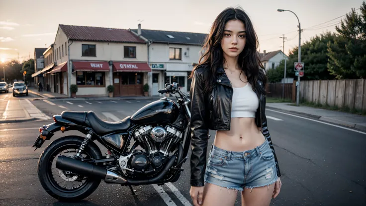 a gorgeous 20 years old european woman, black wavy hair,  standing on the road, motorbike in the background, white cotton crop t...