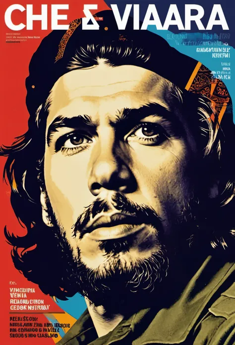 A dynamic and captivating magazine cover, featuring the iconic image of Che Guevara. The cover should be designed in a retro yet modern style, with bold colors and strong graphic elements. Che Guevaras face should be front and center, his intense gaze fixe...