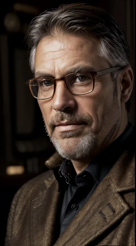 (Edit photo 9:16 A worker sitting in his living room, bearded, calm,confident,look rich,Read carefully, 52 years old, brown eyes), (Wearing a luxurious coat, Wearing nerdy glasses, detailed:1.3), (highly detailed face:1.4), (Dark inside the background, gru...