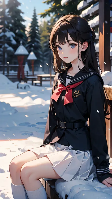 (((Masterpiece))),((top quality)),one beautiful girl,bangs、(black sailor uniform:1.5)、(black pantyhose)、(dark brown loafers)、snow girl, beautiful digital artwork, Beautiful snow girl, beautiful fantasy art, very beautiful fantasy art, beautiful digital art...