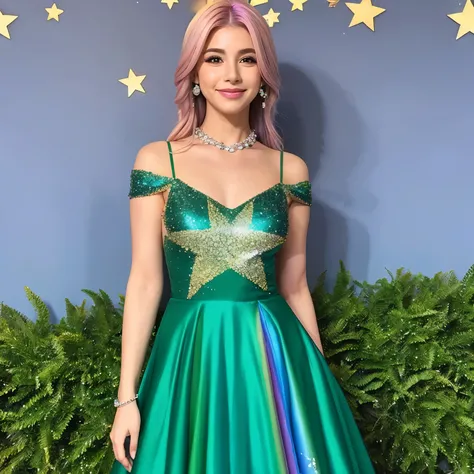 (melhor qualidade), garota  fundo de estrelas, detalhe nos cabelos, vestido branco, rainbow hair.