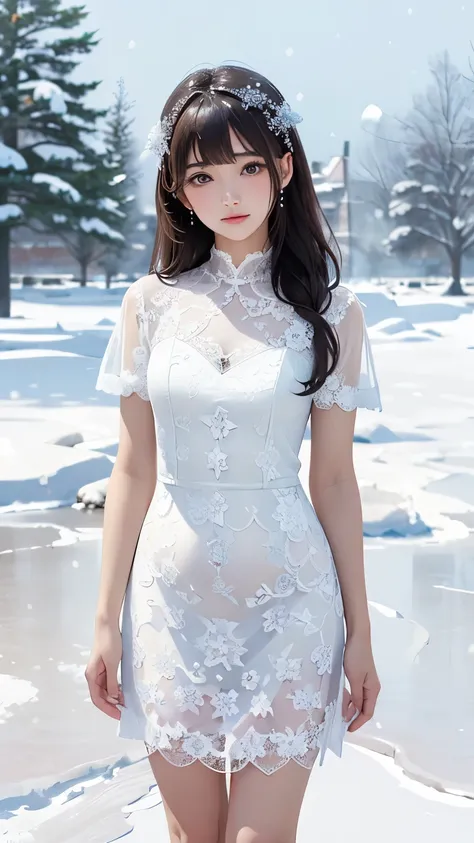 (((Masterpiece))),((top quality)),one beautiful girl,bangs、(white lace dress:1.5)、(belly button)、(See-through)、snow girl, beautiful digital artwork, 美しいsnow girl, beautiful fantasy art, very beautiful fantasy art, beautiful digital art,(Standing in the sno...