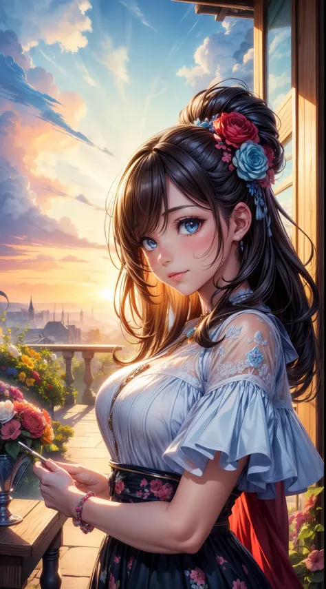 (high quality:1.2),(Super detailed,realistic:1.37),Kirby Balloon,artwork,figure,detailed and beautiful eyes, Bright colors,long hair girl,smiling girl,Artistic landscape,lush garden,thick clouds,blue sky,blooming flowers,soft sunlight,light,fluffy clouds,b...