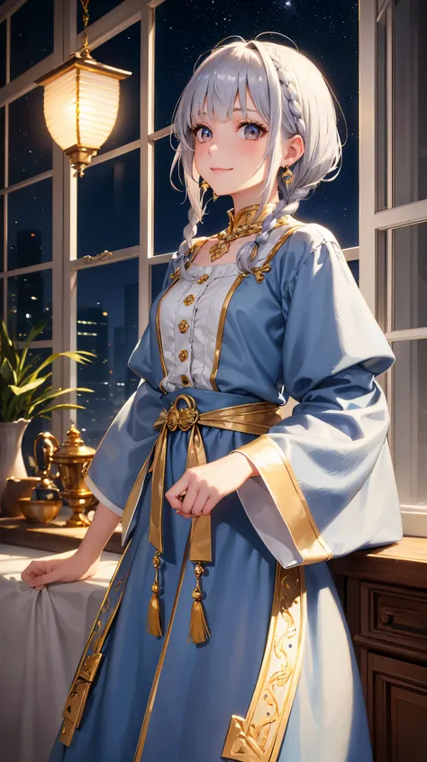 highest quality, masterpiece,silver hair, gold eyes,blue clothes, look up, Upper body,hair bundle,Fair skin,side braids, 1girl, solo, smile, short hair, bangs, jewelry, closed mouth, cowboy shot, earrings, shiny, indoors, window, night, night sky, lamp