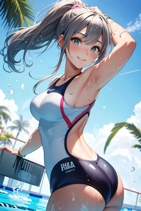 (highest quality:1.4)、High resolution、detailed background)、(detailed beautiful face:1.4)、detailed facial expressions、(anatomically correct)、(huge breasts:1.3)、attractive ass、cute hair color、braided bob、ponytail、realistic、perfect body line、thick thighs、heal...