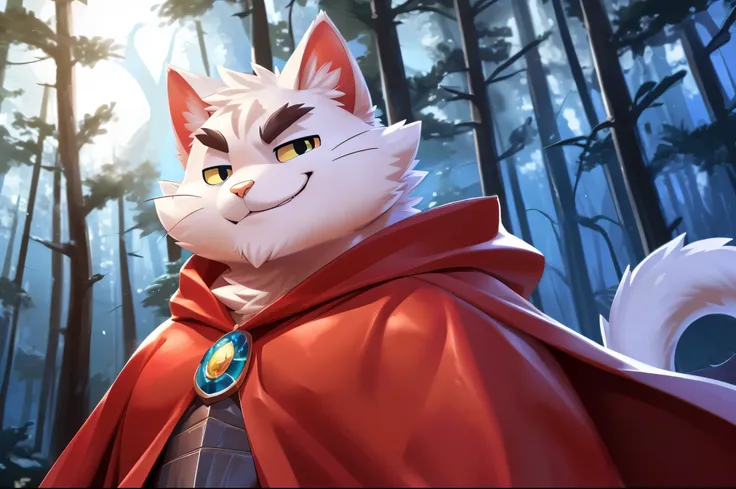 solo, ((fluffy fur, fluffy, furry body)), detailed fluffy fur, detailed face, detailed eyes, (dynamic pose), (ultra detailed), sharp focus, niji, eyesgod, furry, (knight costume, long red cherry cloak), white beard, anthro ((domestic cat, cat:1.5)), male, ...