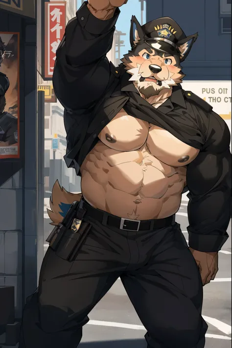 nsfw, sexy poster, top quality, best quality, super high resolution, detailed background, magazine cover, absurdres, perfect anatomy(gay, angelic nice 1boy, kemono, solo focus, muscle man, beard, puffy nipples, undress)(furry anthro, Furry body, dog facial...