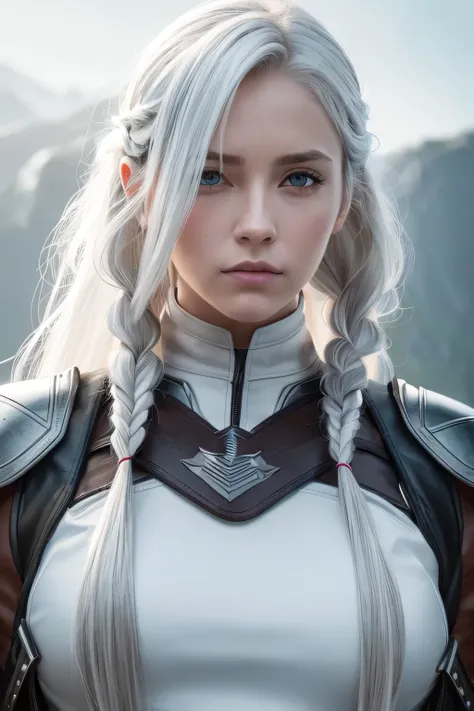 1 female ranger, long white hair, braided hair, grey eyes, beautiful face, wearing leather armor, absurdres, high res, ultrasharp, 8K, masterpieceThe image should be of absurd resolution and high detail. It should be ultra-sharp and available in 8K resolut...