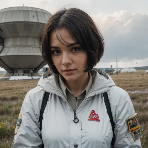 Ring World,Science Fiction,Sci-Fi Movies,Artillery,Long-Range Missiles,Based on the movie Foundation ,Woman,Adult,Protagonist,28 years old,hopeful face,brown eyes,short hairstyle,black hair with white gray,scientist uniform,white researcher coat,open meado...