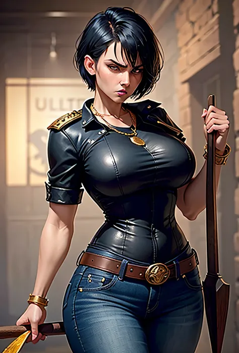 lady police, hot, black short, blue jeans, big bust, short hair, gold necklace, right hand raised, holding paddle, angry look, s...