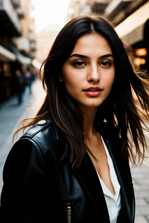 Beautiful Turkish supermodel woman, A lock of hair with slight highlights, black eyes, Sexy，street background, Liquid color flows across her face, Shooting against the light，Perfect facial lighting，mixed media