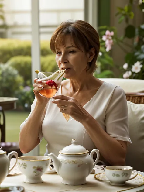 50-year-old woman drinking afternoon tea