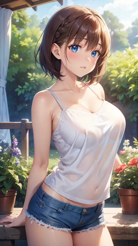 1girl, natural lighting, masterpiece, highly detailed, illustration, game CG, absurdres, high quality, aichan, large breasts, blue eyes, beautiful detailed eyes, short brown hair, side braid, collarbone, spaghetti strap top, short shorts, cowboy shot, glos...