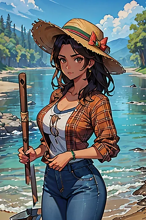 brown skin pretty mexican woman with freckles in flannel shirt and jeans holding a shovel, digging hole down by river, zoomed ou...