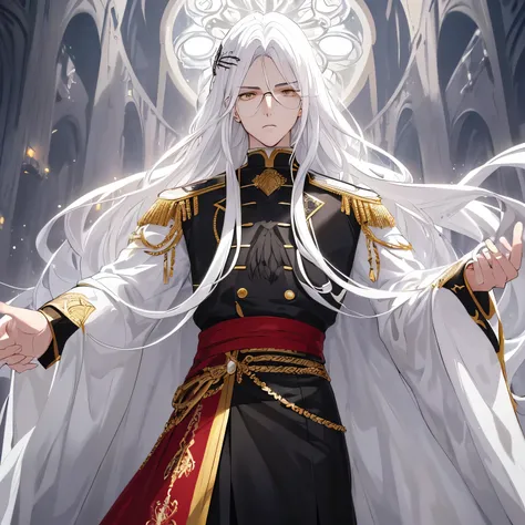 features to the intricate patterns and designs on his clothes. The white hair frames his face, cascading down in soft waves, while the amber eyes shine brightly with a captivating intensity. His white clothes are pristine and immaculate, layered in a way t...