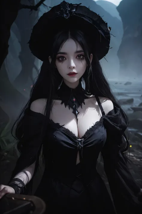 In the heart of a hauntingly beautiful mountainous landscape, where rivers of blood flowed, stood the best quality illustration of the putrefied cadaveric queen, the queen of the night. Her black crown, adorned with rubies, gleamed ominously in the dim lig...