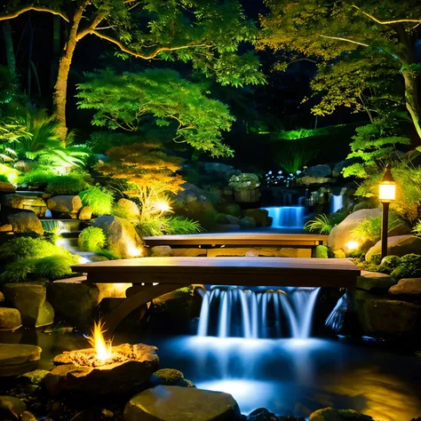 Japanese garden, Small bridge and small waterfall, water flowing, night starry sky, Summer night sky, fire Fly, extreme details, realistic light, great composition, (intricate details), (intricate design, Super detailed: 1.2), art station, (masterpiece, hi...