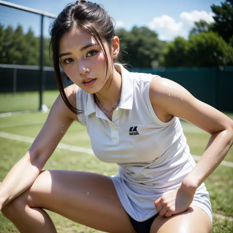 1 beautiful girl, alone, white polo shirt, white sneakers, tennis wear, white mini skirt, masterpiece, highest quality, realistic, very detailed, (shiny skin, sweaty:1.4), absurd, looking at the viewer, short black hair, brown eyes, thin, dynamic lighting,...