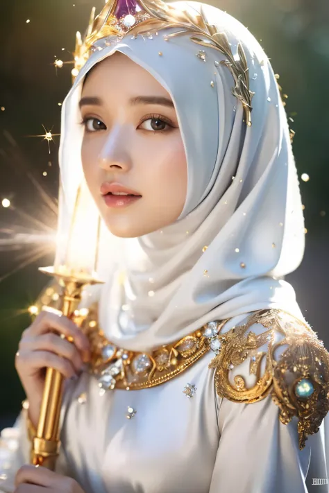 (masutepiece), Professional , ​masterpiece、top-quality、photos realistic , depth of fields （Gemstone Silver hijab Body:1.９),(Matte White、Particles of light、 Gold Weapon（Metal:1.４),Gorgeous metal weapons , Detailed Sword of the Brave , Beautiful hijab   ,war...