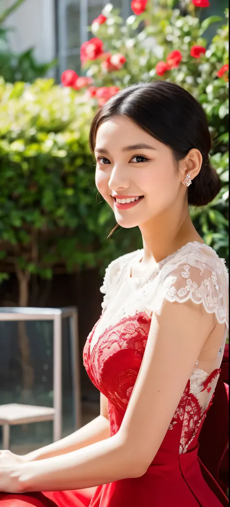 1girl,baiyi,large breasts,red lips,smile,ponytail,realistic, 1 girl, indonesian girl, 23 years old, (black hair super-long 1 meters), (very beautiful face, very sweet, sharp eyes like an angel from heaven ), (beautiful hair), actress, smile, shiny skin, be...