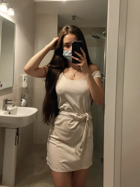 Una chica quitandose foto enfrente de un espejo , let the background be a nice bathroom, that the girl has long, brown hair and that she covers her face with the phone when taking the photo, 