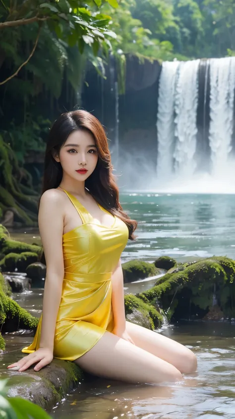 Beautiful Girl, Korean makeup, Red lips, big breasts, medium body, wrap a towel, body towel wrap, thigh, sit, lakes, ngồi trên hòn đá giữa hồ, (((cảnh quang hồ nước giữa rừng, waterfall,)))