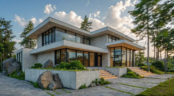 Masterpiece, high quality, best quality, authentic, super detail, outdoors, onestoreyvillaXL, aiaigroup, house style modern on the street ,stairs, white wall ,road,pavement, grass, trees, sky, cloud, (daylight:1.1)