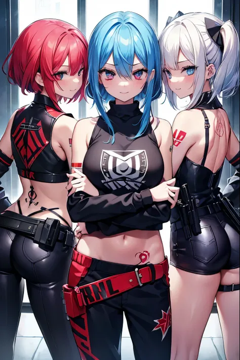 multiplegirl, ((only 3girls)), bandits, gangsters, red hair, white hair, blue hair, tattoos, criminals, intent eyes, evil smile,...