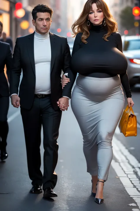 A 35 years old MILF, walking in the city, ((a 8-years old boy holding her hand)), the MILF has a face like Victoria Principal, wearing a light grey shoulder-less turtleneck top, business trousers, high heels, ((extremely huge saggy breast)), (medium belly)...