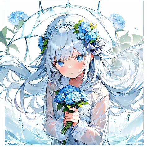 Best quality、photorealistic、super detail、delicate、orderly、high detail、bluish silver ponytail、(droopy iris of heterochromia,glowing eyes:1.3)、slender、(1 girl:1.2)、(beauty of nature、Blue hydrangea、Girl wearing a rain parka、get wet、Round hydrangea frame、white...