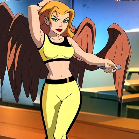 (masterpiece, best quality:1.2), (1girl:1.2), solo, Shayera, grey wings, feathered wings, long wings, standing, full body, green eyes, long hair, lipstick, smilling, orange hair, crop top, yellow, yellow legwear