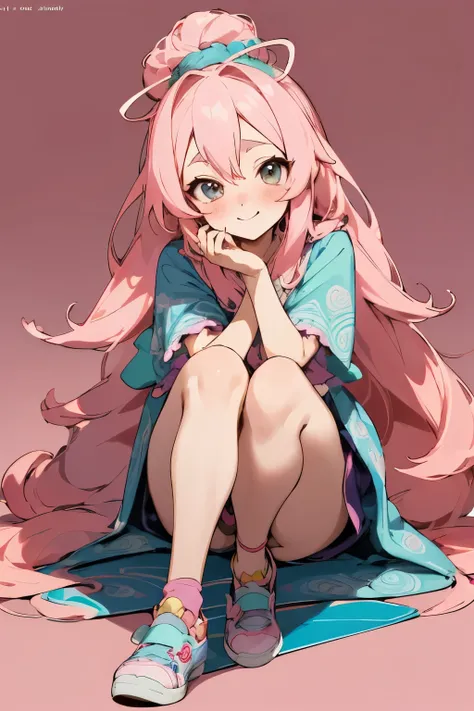 Anime-style cartoon character: A charming figure with big, expressive eyes, rosy cheeks, and distinct features. Long, flowing hair in various hues. Dressed in quirky outfits, sometimes revealing intricate details. Casually sitting on a mat, legs crossed, a...