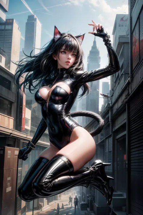 In this breathtaking anime-style masterpiece, a super detailed depiction of a cat woman is showcased. The athletic character is seen wearing sleek leather clothing, gracefully jumping between buildings with flawless precision. The artist has paid meticulou...