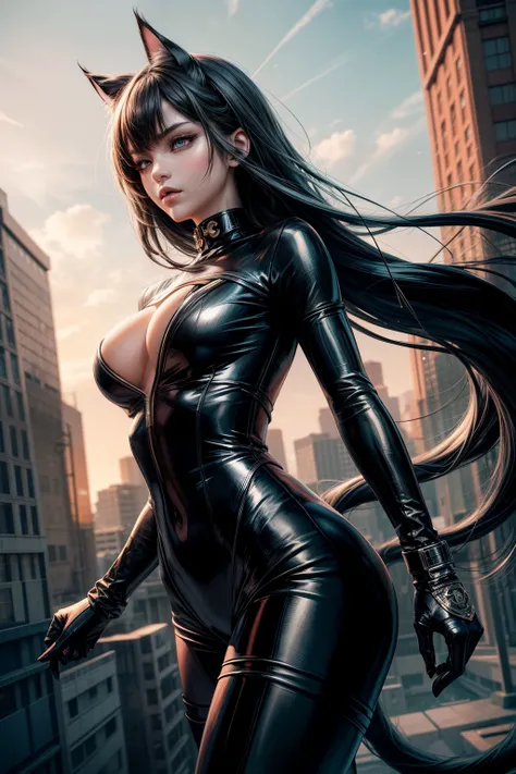 In this breathtaking anime-style masterpiece, a super detailed depiction of a cat woman is showcased. The athletic character is seen wearing sleek leather clothing, gracefully jumping between buildings with flawless precision. The artist has paid meticulou...