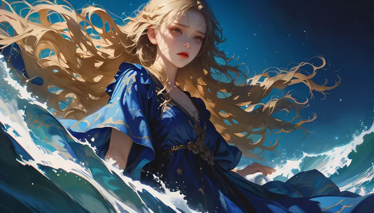 A girl,long blue dress,curly blond hair, long hair,golden eyes,long eyelashes,red lips,sad look,Outdoors,blue ocean,a sea of diamonds,white waves, ((stars)),night,dark,distant,fullbody,Sideways to the audience,long shot,(best quality),hires,8k,{realistic}