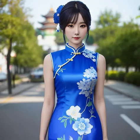 Close-up of woman wearing blue and white patterned dress, Chinese girl, Inspired by Shen Si Zheng, cheongsam, full body xianxia, inspired by trees, Anime style 3D, in a blue qipao, cheongsam, 3d anime girl, 穿着蓝色cheongsam, detailed picture, Upper body detai...