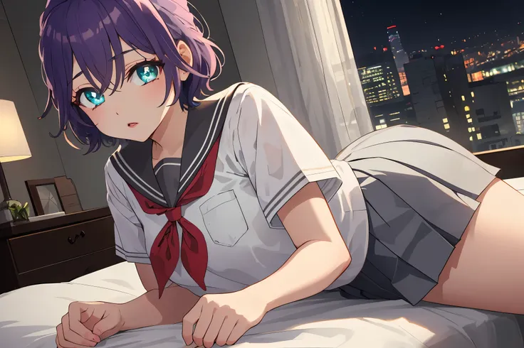 1girl, solo, short hair, purple hair,glowing green eyes, 
BREAK ((grey skirt, neckerchief, pleated skirt, red neckerchief, , serafuku, shirt, short sleeves, skirt, white shirt, uranohoshi school uniform:1.5))
BREAK city, night,
BREAK on top of the bed，  Be...