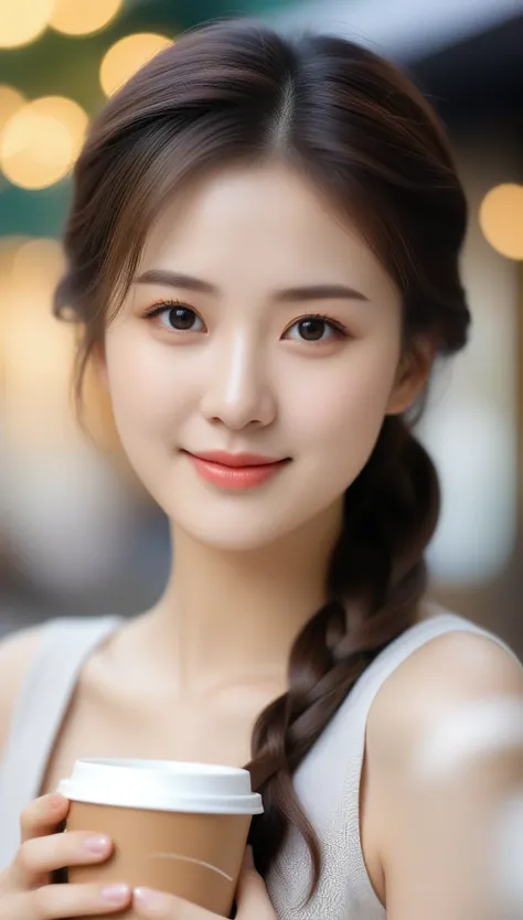 close-up, of beautiful korean female, 34 inch breasts size, french braid, slightly smile, wearing sleeveless shirt, holding big cup coffee, Bokeh background