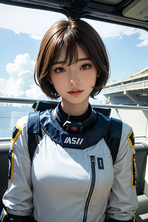 highest quality、masterpiece、ultra high resolution、(real:1.4)、Beautiful woman１、Beautiful details of eyes and skin、light brown short cut hair、small smile、latest space suit、space station、spaceship、Remains、cloudy sky、