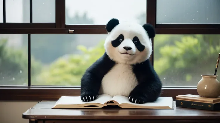 A cute panda，Sitting leisurely at a wooden desk。Its black and white fur is soft and smooth，Like a delicate ink painting，black and white，Harmonious integration。The panda&#39;s round body is cleverly placed on a large chair.，Two short, stocky legs slightly b...