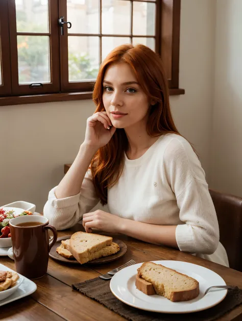 stunning ginger woman sitting at breakfast table, detailed facial features, bright red hair, expressive eyes, beautiful lips, calm and content expression, cozy home environment, natural lighting, wooden table, freshly brewed coffee, steaming tea, slices of...