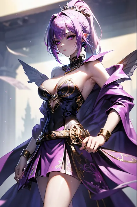 Vampire Queen Combat Dress (Radiant Royal Cloak: 1.2) Black and Purple Color, Original Character, Masterpiece, Tempting Purple Eyes (Multicolor High Ponytail 1:1.2) Purple Gemstone Accessories Gold Belt, Gold Necklace, Wind Evil and body floating effect, S...