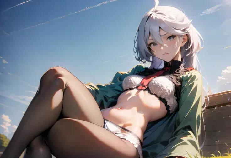 Spread legs,Lying ,Miorine rembran ,gray eyes,hair length,white hair,Ahoge,bangs,hair between eyes,(((realistic white lace bra,white lace panties ))),floating hair,medium chest,outdoor,masterpiece ,8k unity wallpaper,anime key visual,highest quality, High ...