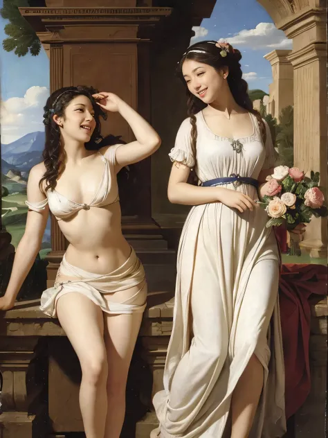 full body portrait or statue、Giorgione painting style,Arguments of two female Philosophe,math、astronomical machine、astronaut、roses in vase、fruits、Cute trinkets、smile、ancient greek costume、Ancient Roman landscape in the style of Nicolas Poussin,laughter,,Sw...