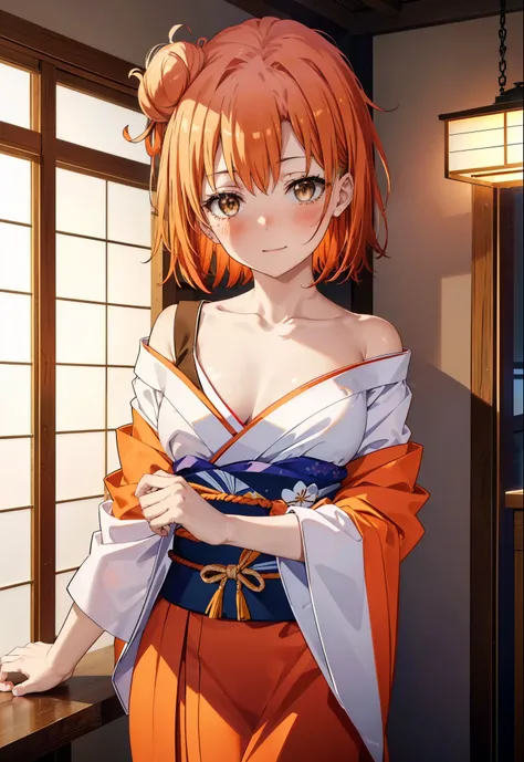 yuiyuigahama, yui yuigahama, short hair, (brown eyes:1.5), (orange hair:1.2), happy smile, smile, open your mouth,bun hair, single bun hair,bare shoulders,naked neck,bare clavicle, red gorgeous kimono,Red long skirt,white foot bag,tatami,sitting,sexy pose,...
