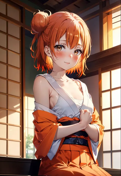 yuiyuigahama, yui yuigahama, short hair, (brown eyes:1.5), (orange hair:1.2), happy smile, smile, open your mouth,bun hair, single bun hair,bare shoulders,naked neck,bare clavicle, red gorgeous kimono,Red long skirt,white foot bag,tatami,sitting,sexy pose,...